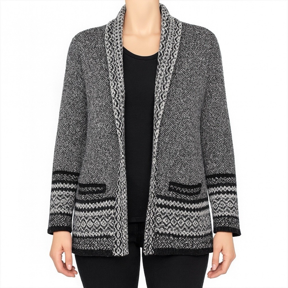 Lucky Brand Cardigan  XS Black White Geometric‎ Tribal Open Sweater Boho Cozy